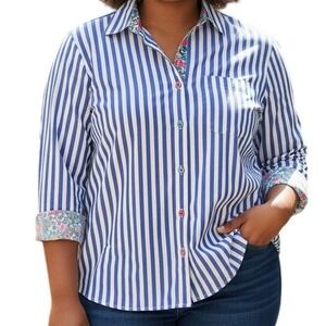 Talbots Petite Blue Stripe Button Down Shirt L Preppy Coastal Grandmillennial